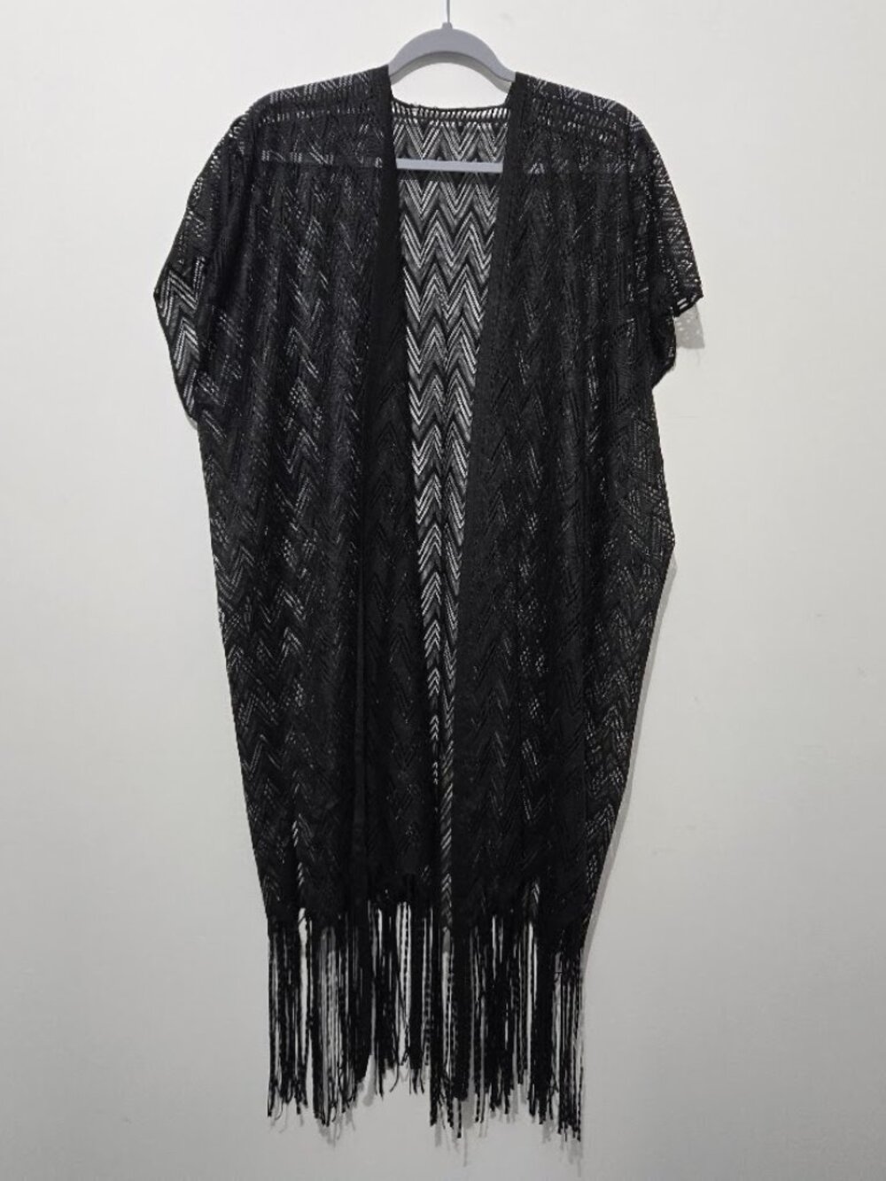 Womens Whimsigoth Boho Black Lace Sheer Duster Cardigan OS Beach Fringe Coverup